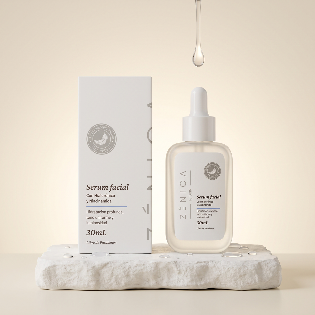 Serum Reparador Zénica — frasco con niacinamida y ácido hialurónico