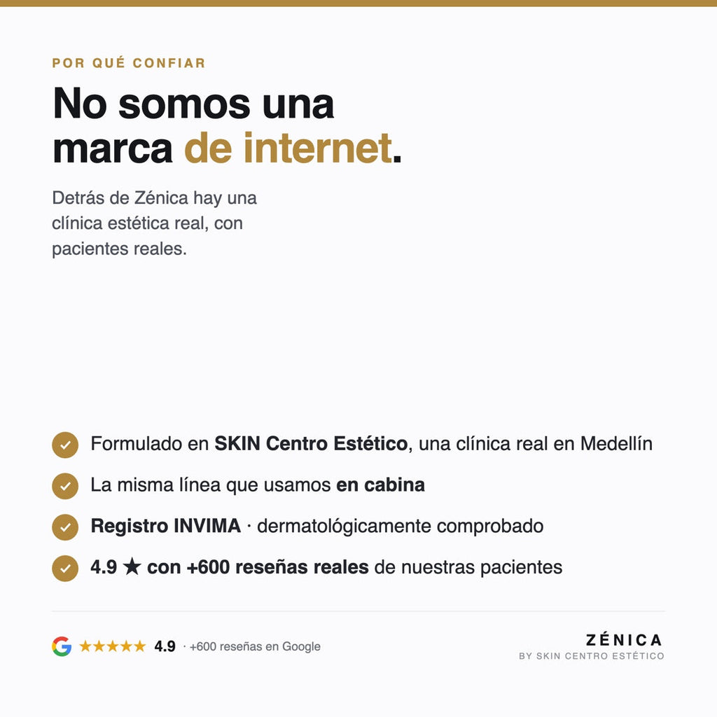 Zénica está formulado en SKIN Centro Estético, clínica real con 4.9 estrellas y más de 600 reseñas en Google