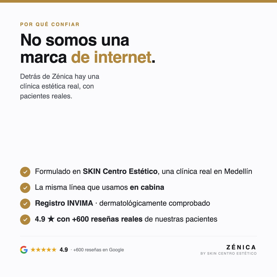 Zénica está formulado en SKIN Centro Estético, clínica real con 4.9 estrellas y más de 600 reseñas en Google