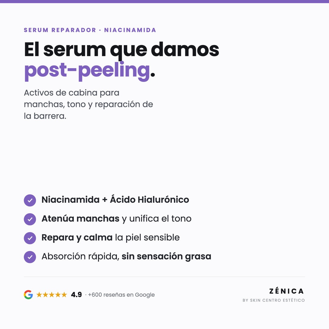 Serum Reparador Zénica: niacinamida y ácido hialurónico, atenúa manchas y repara la piel